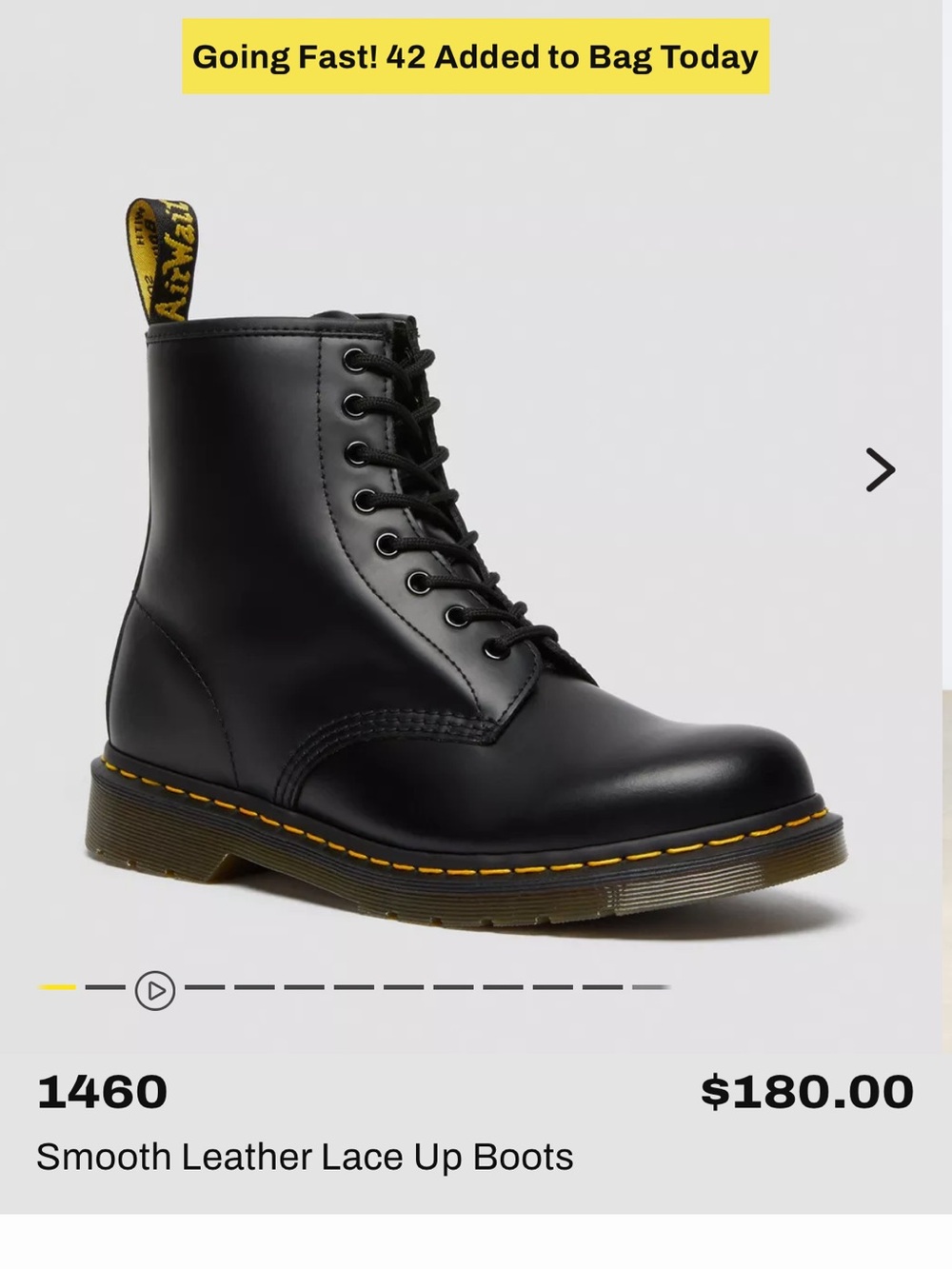 Dr. Martens Black Leather 8-Eye Lace-Up Boots with Yellow Stitching